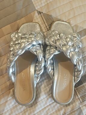 Vionic Silver Braided Slide Sandals - Metallic Comfort